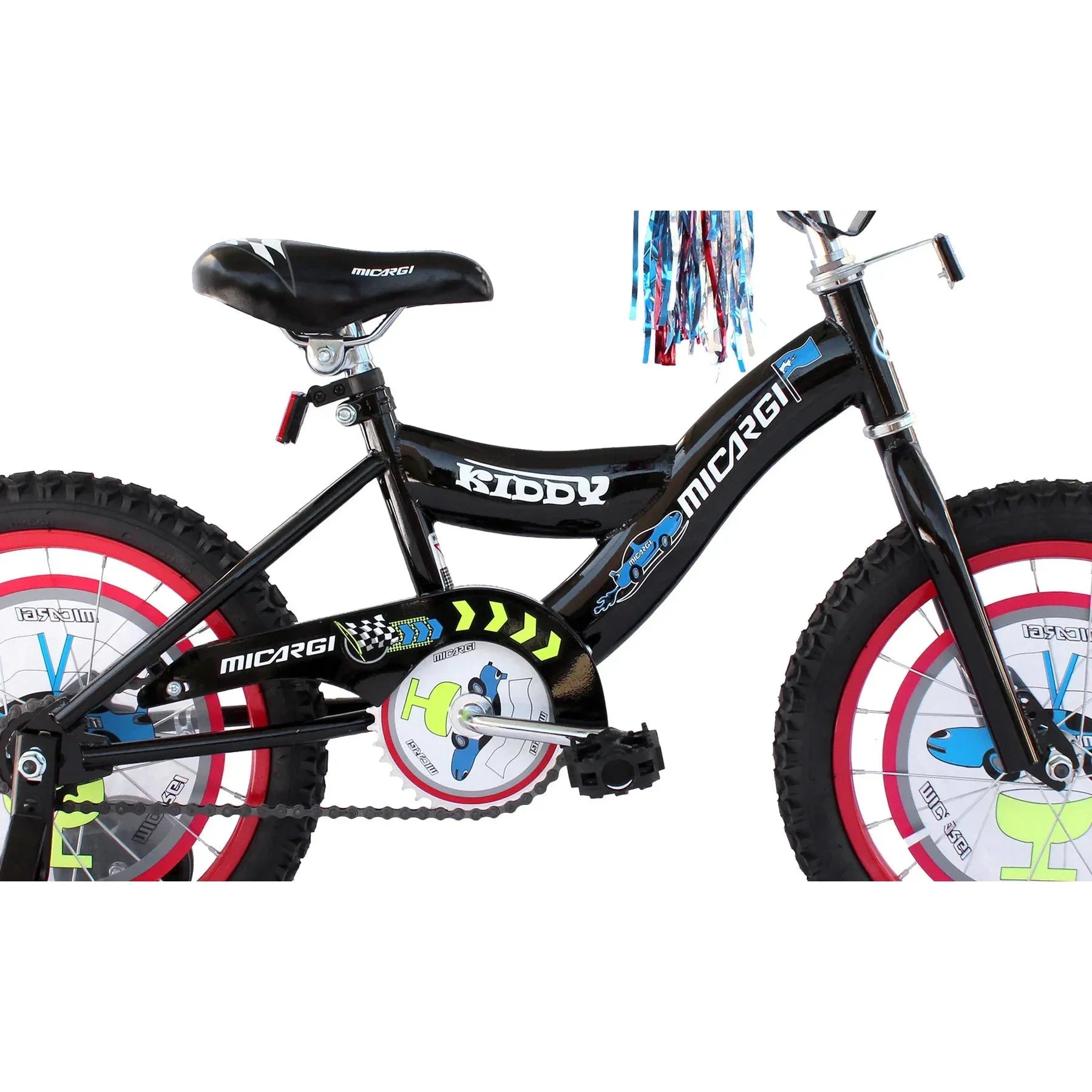 Black Micargi Kiddy 16 inch kids bike with glossy finish and car decals