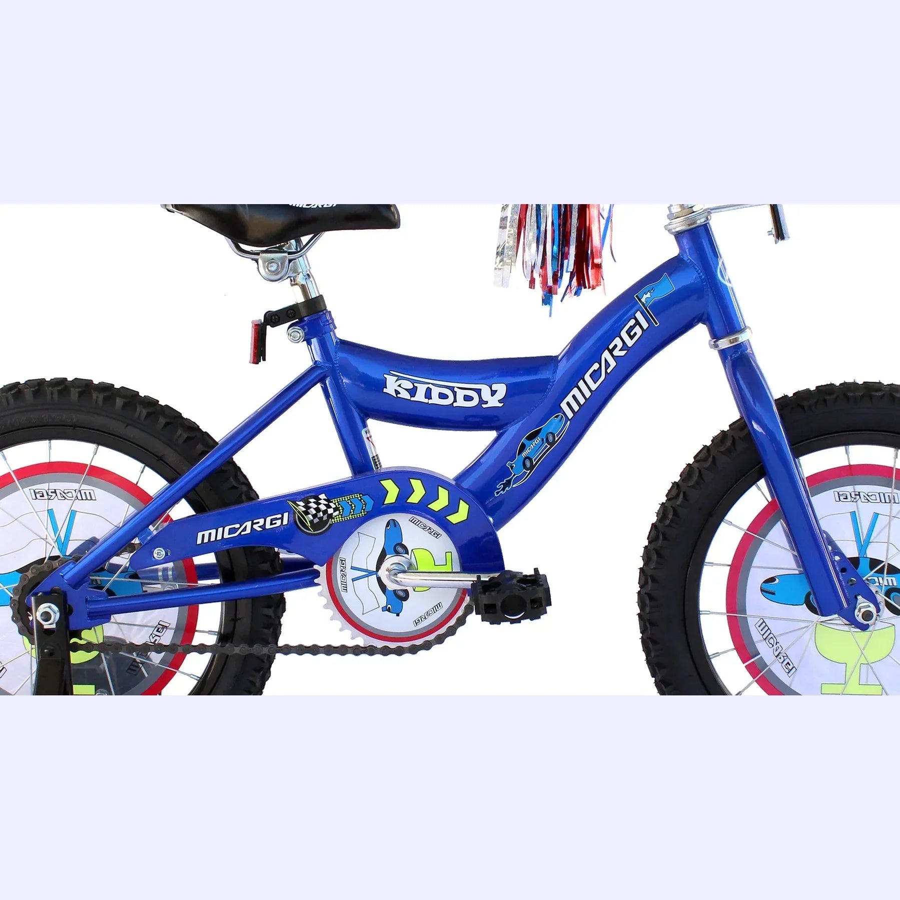 Blue Micargi Kiddy 16 inch BMX bike with red rim accents