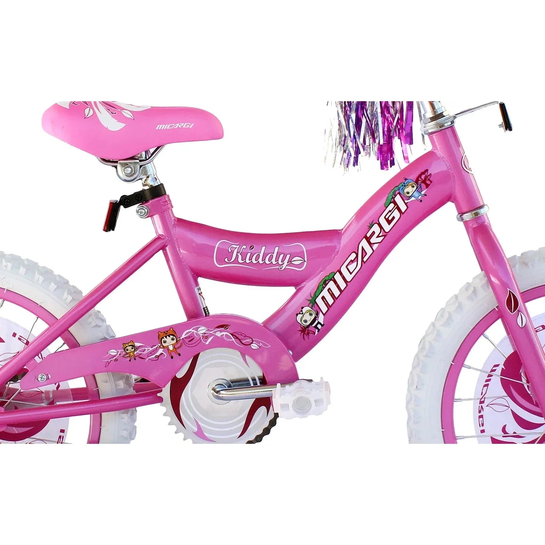 Pink Micargi Kiddy 16 inch bike with white tires and animal character graphics
