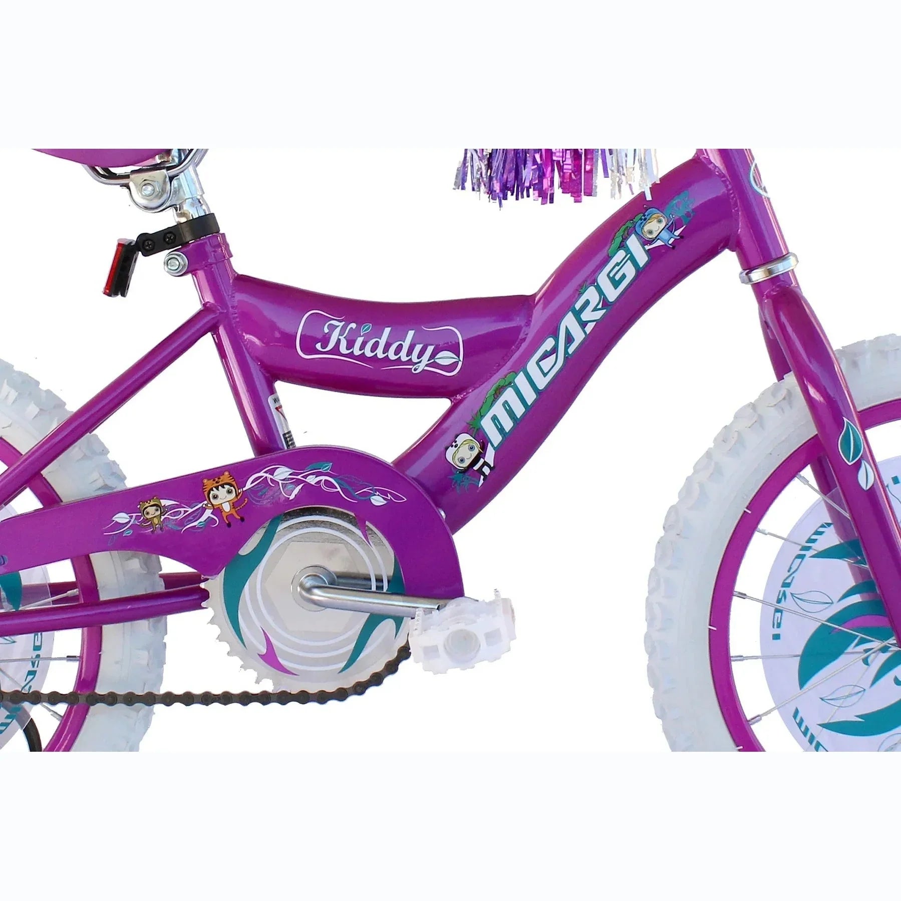 Purple Micargi Kiddy 16 inch children's bicycle with cartoon decals
