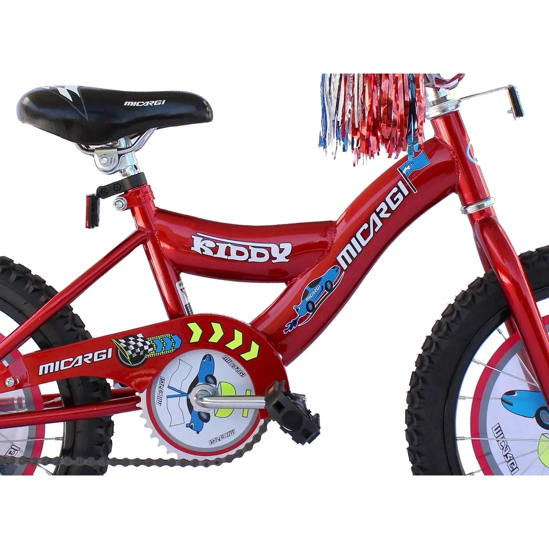 Red Micargi Kiddy 16 inch BMX bike with car graphic chain guard
