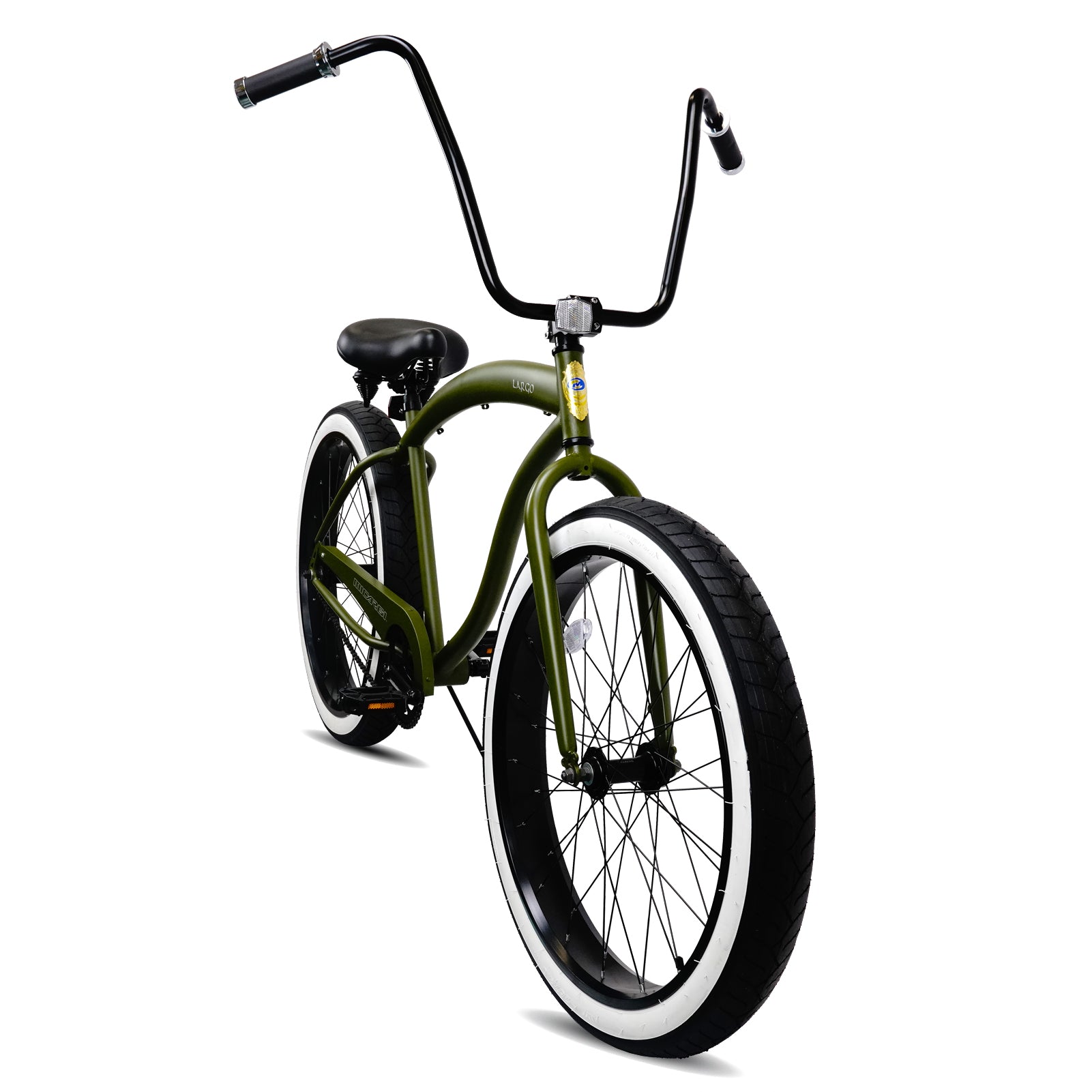 Micargi Largo olive green cruiser bike side view showing coaster brake and orange reflector