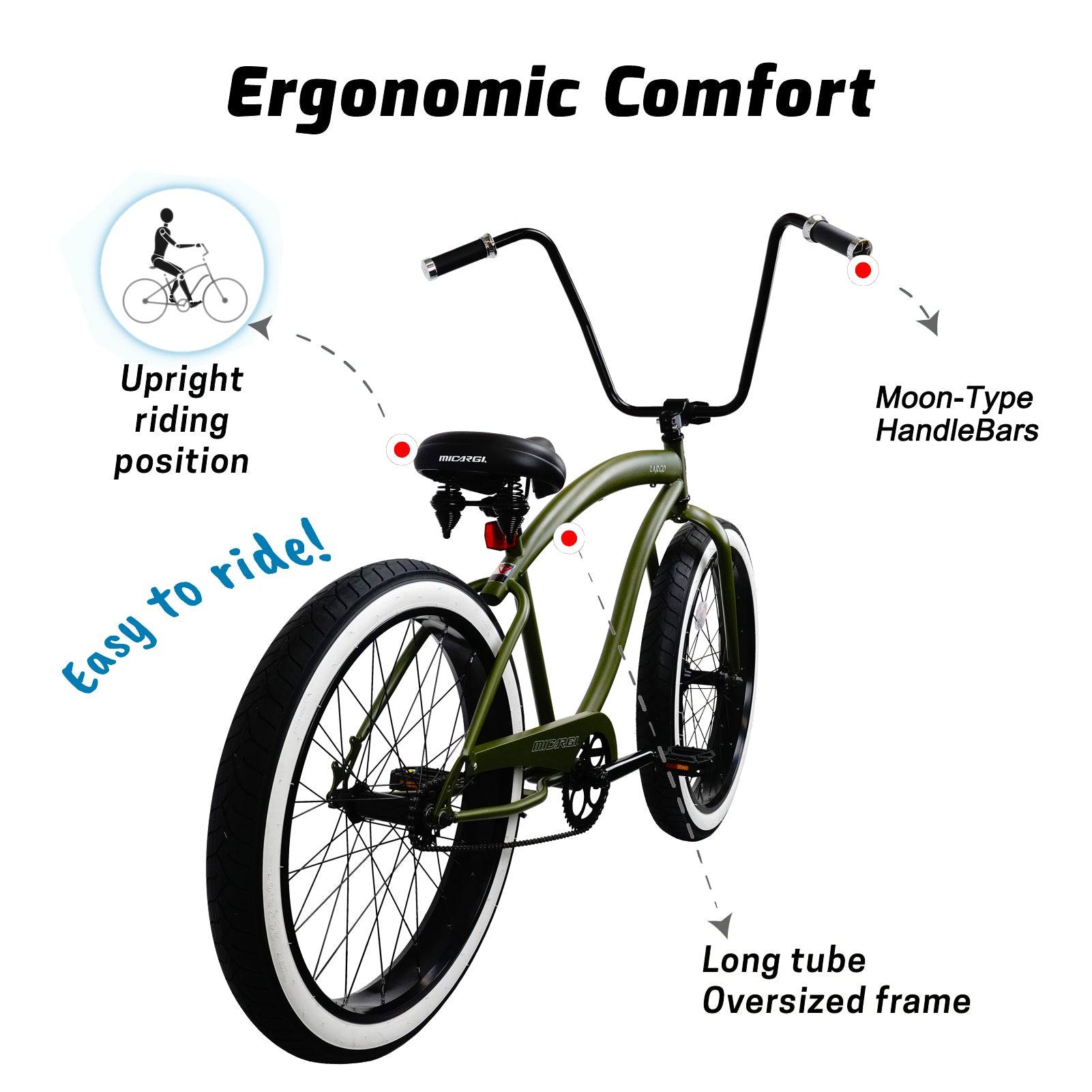 Micargi Largo beach cruiser highlighting ergonomic upright riding position and oversized frame