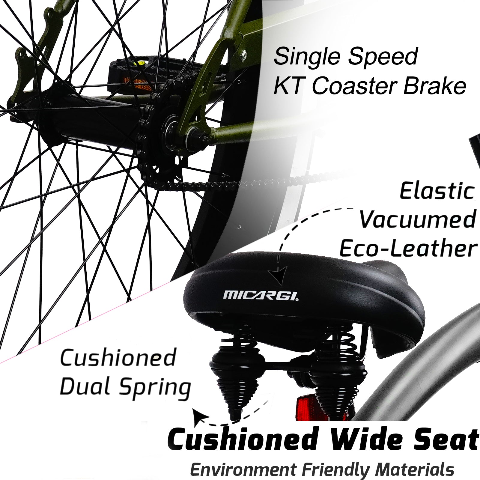 Close-up of Micargi Largo cushioned dual spring saddle with eco-leather and coaster brake