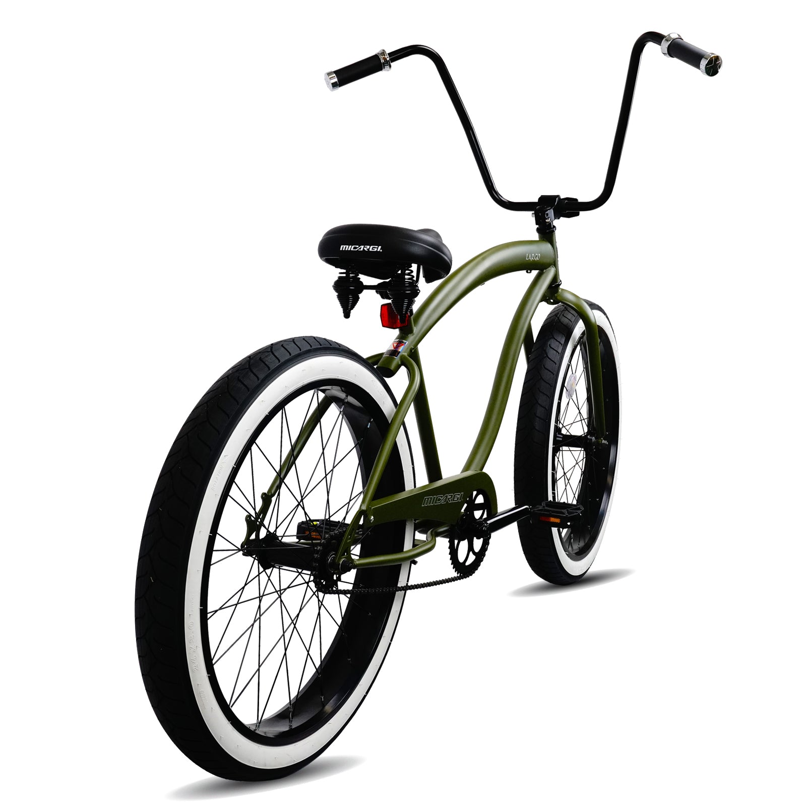 Rear view of olive green Micargi Largo cruiser with wide saddle and high-rise handlebars