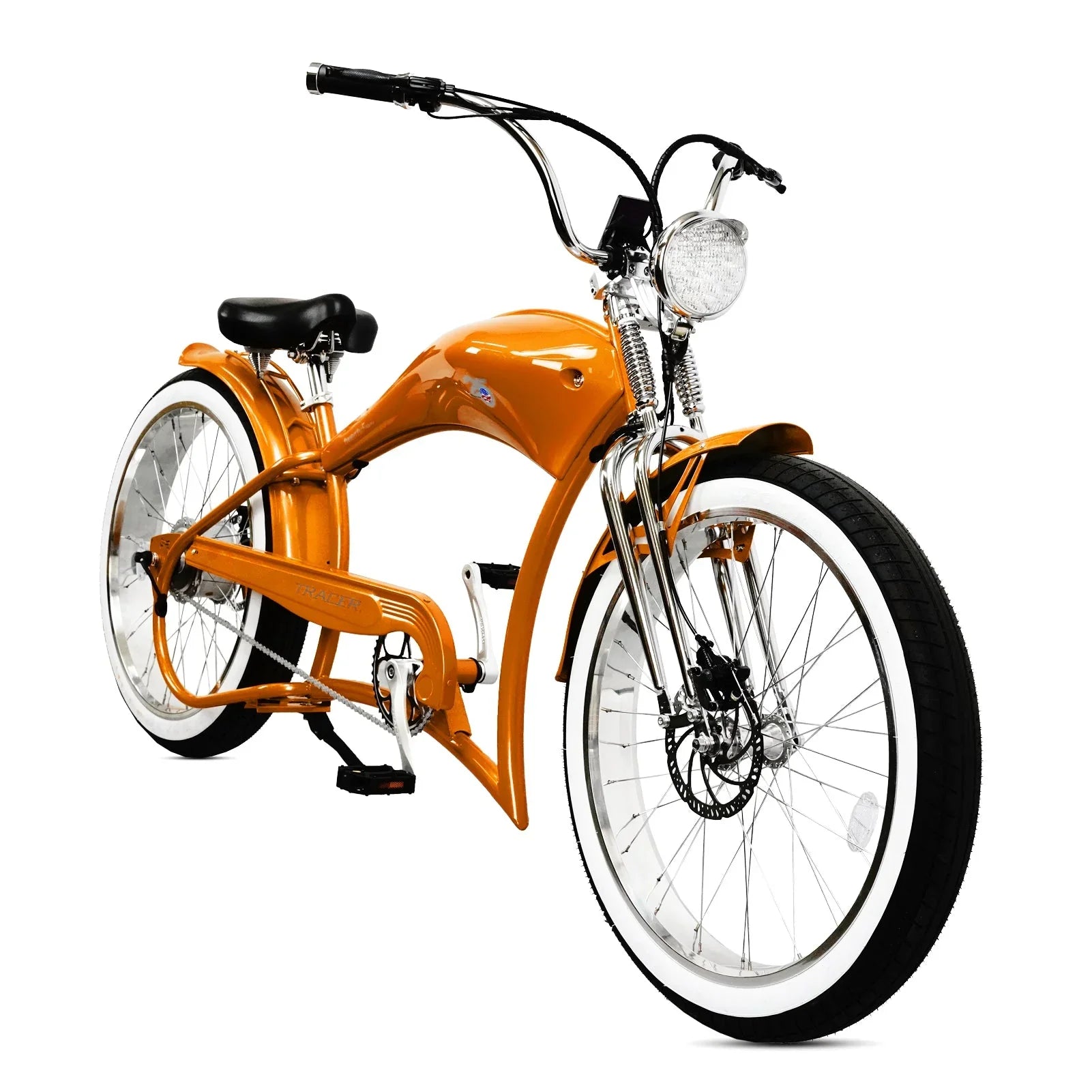 Front-left view of orange Micargi chopper-style electric bicycle with chrome accents