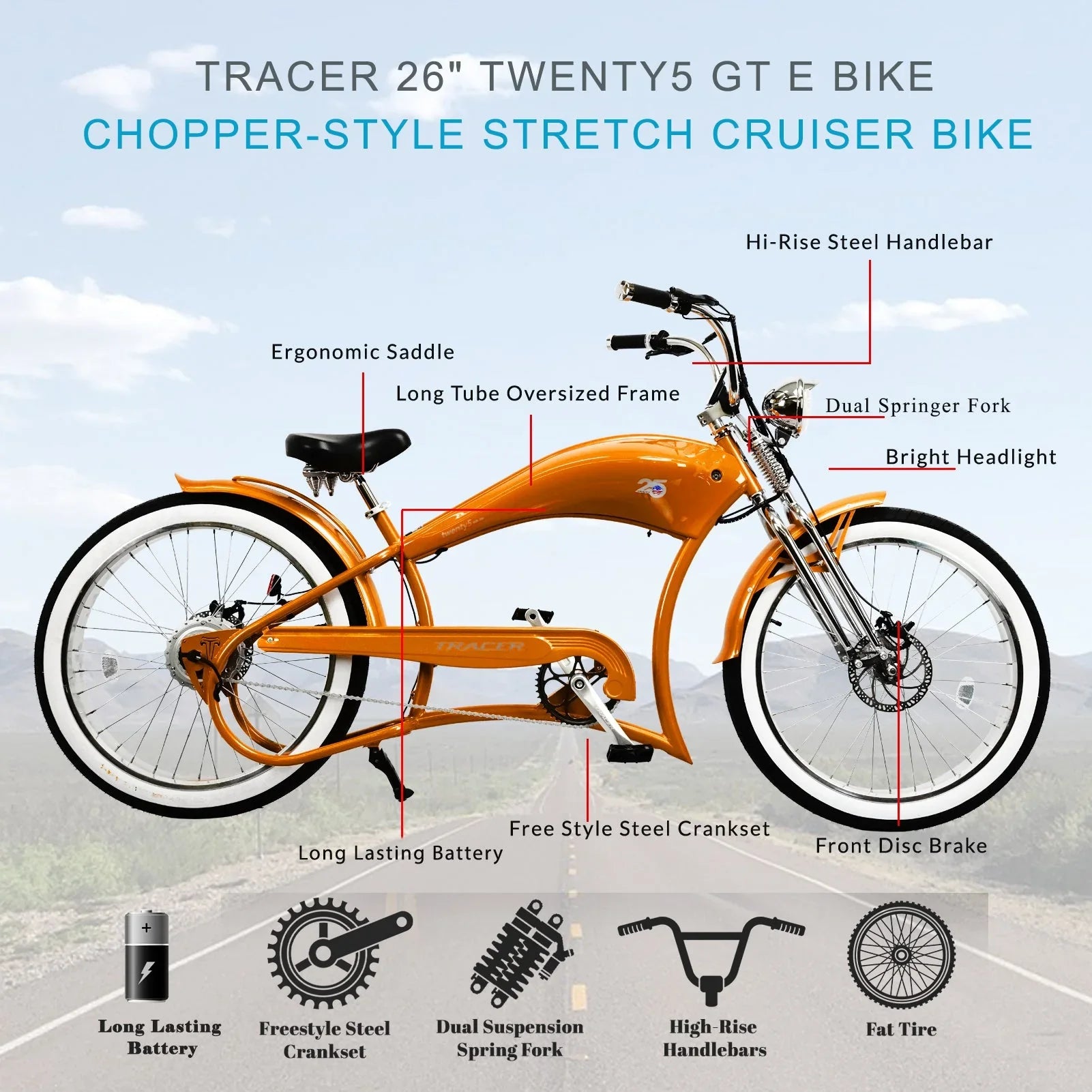 Micargi Twenty5 GS orange chopper e-bike with white-wall tires and chrome spring fork
