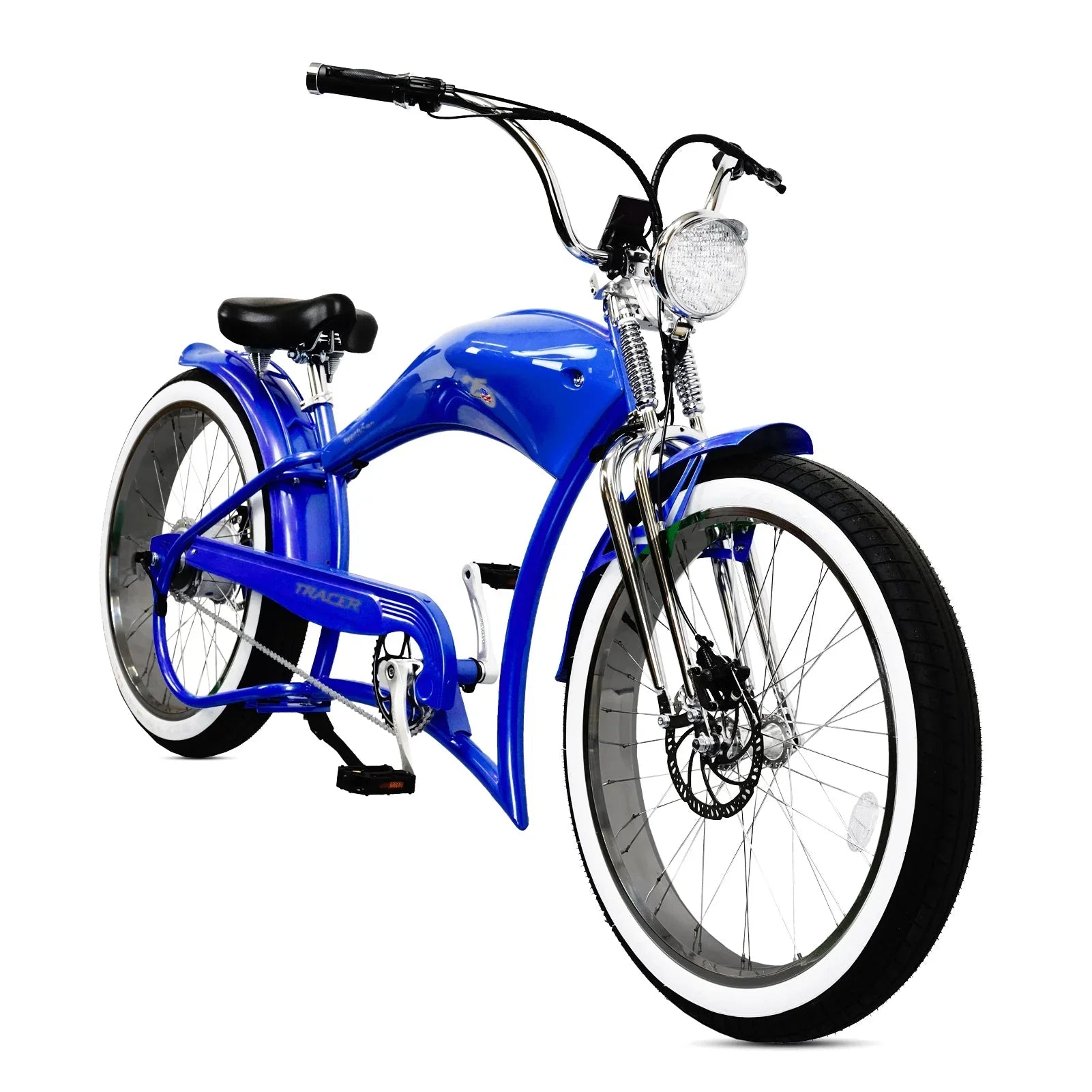 Vibrant blue Micargi chopper e-bike with chrome fenders and spring suspension
