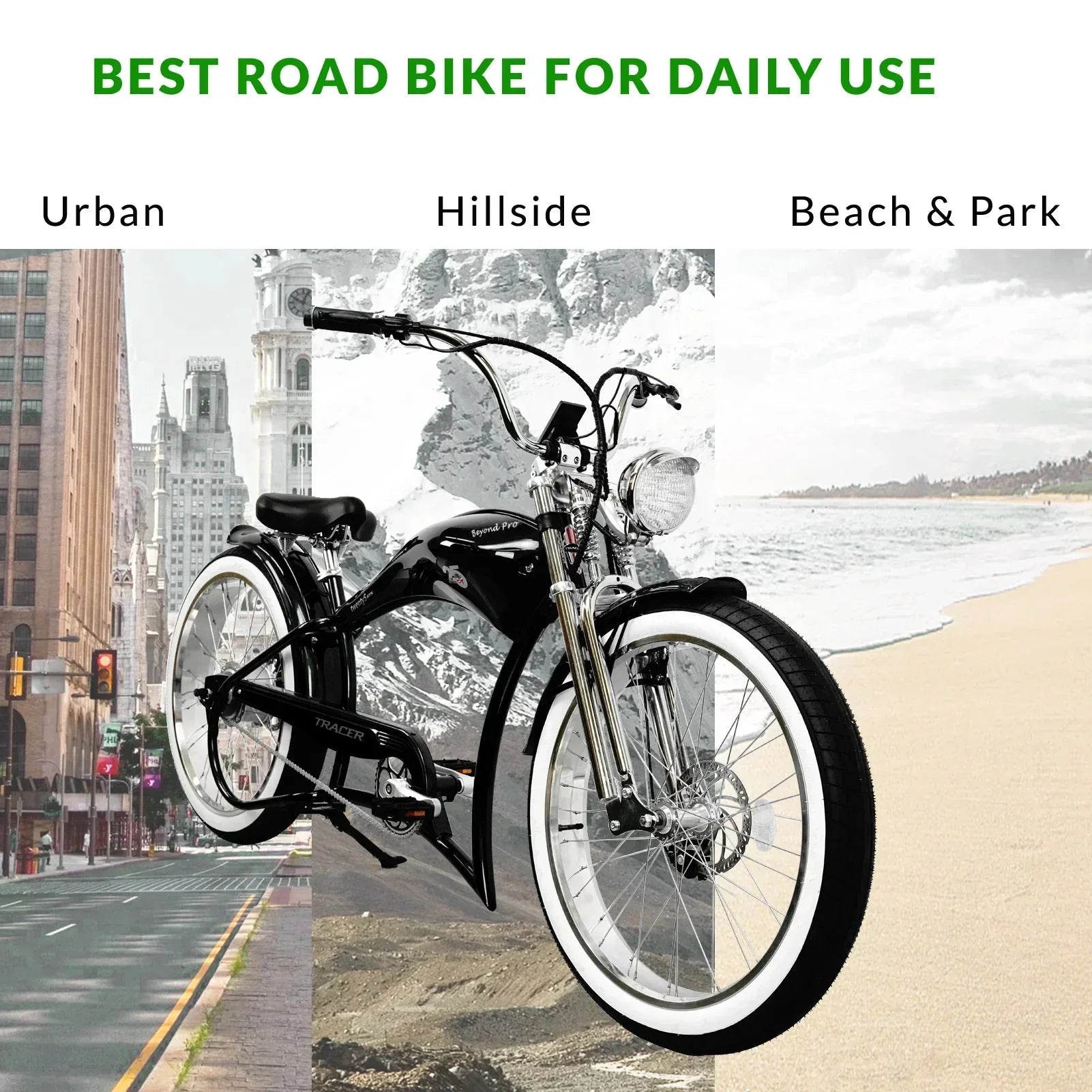 Black Micargi Tracer ebike for urban, hillside, and beach riding with fat tires