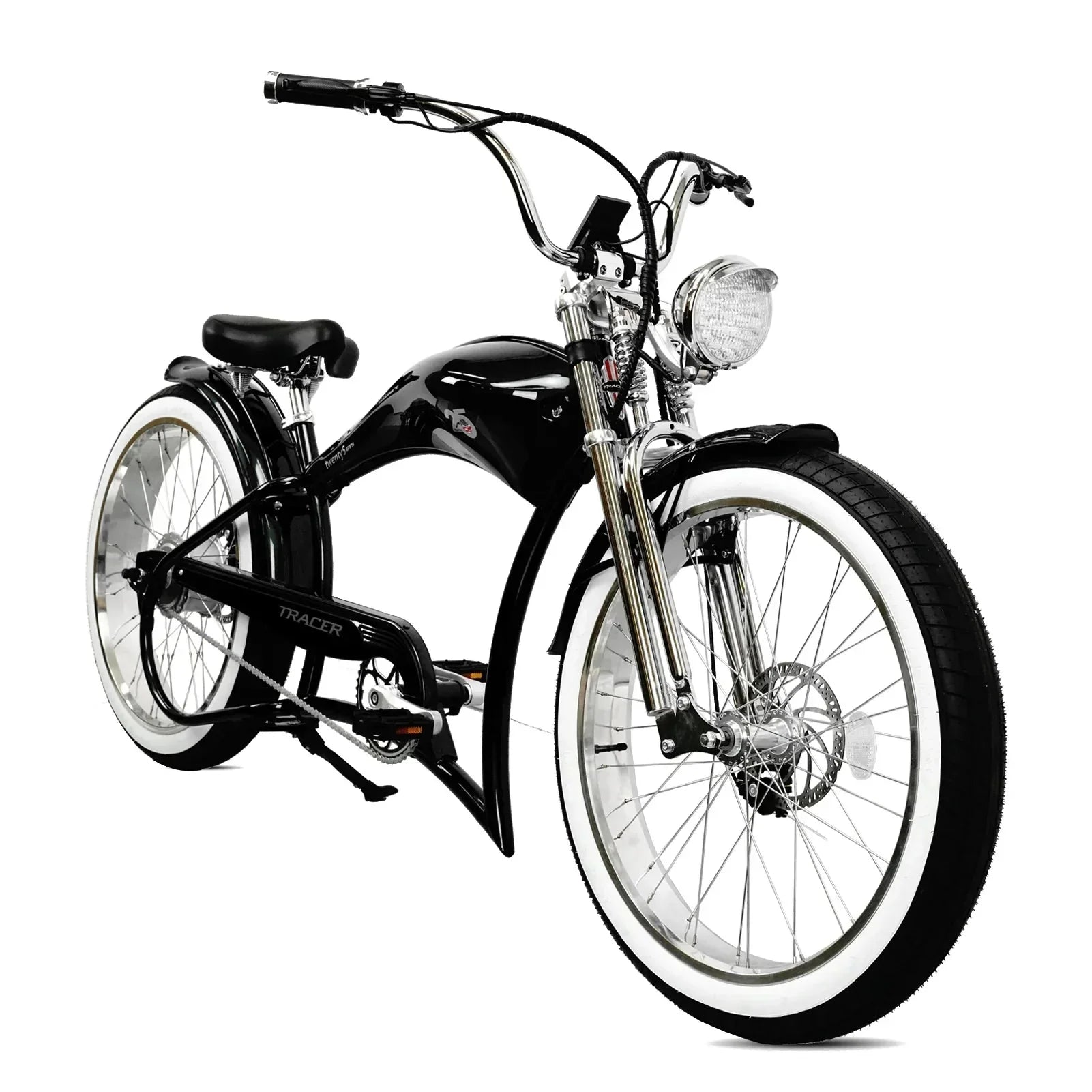 Glossy black Micargi Twenty5-GTS electric bicycle with white-wall tires and chrome fork