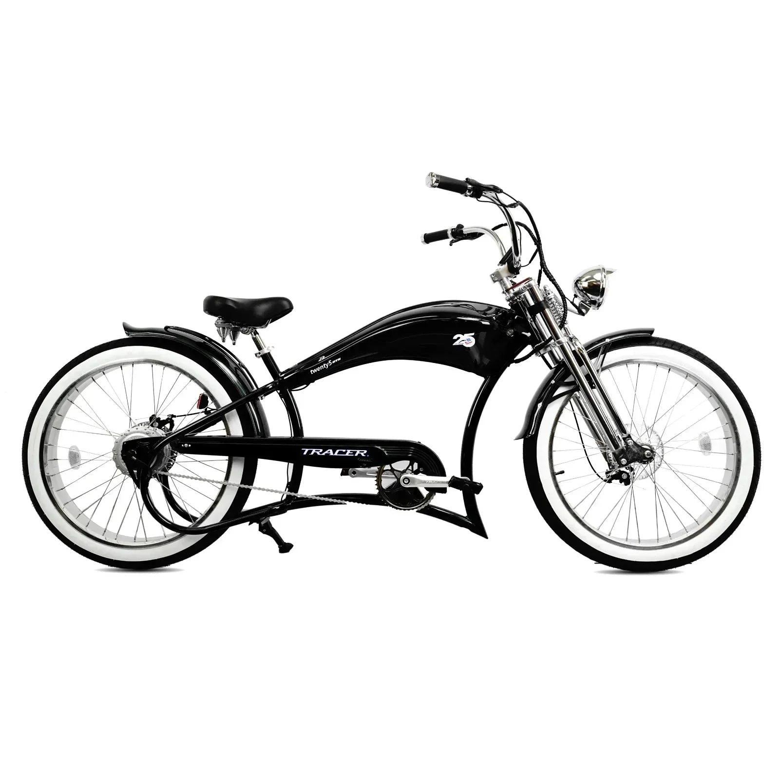 Black Micargi Twenty5-GTS chopper e-bike with spring suspension fork and low seat