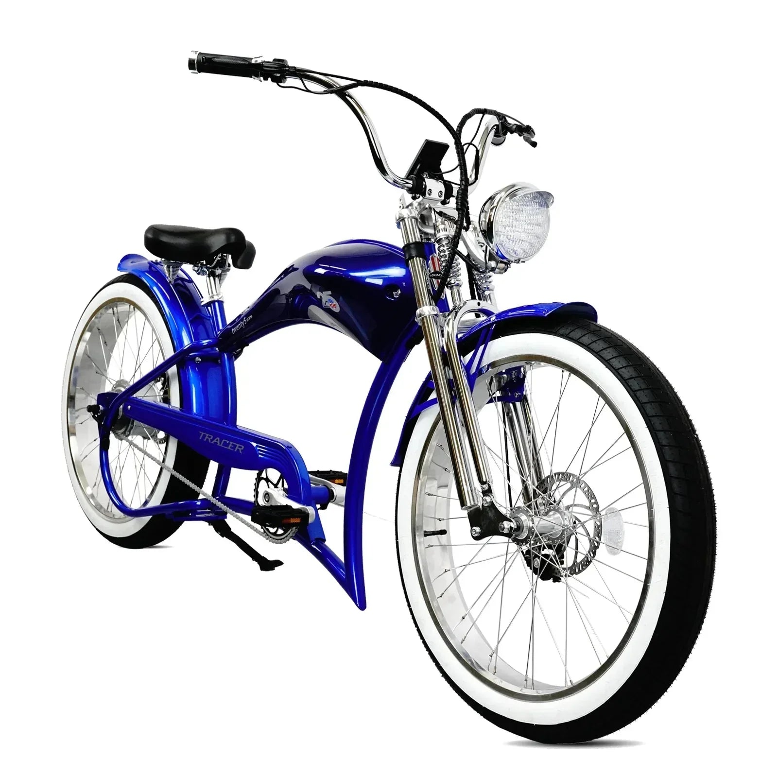 Blue Micargi electric chopper bike front angle with round headlight and white walls