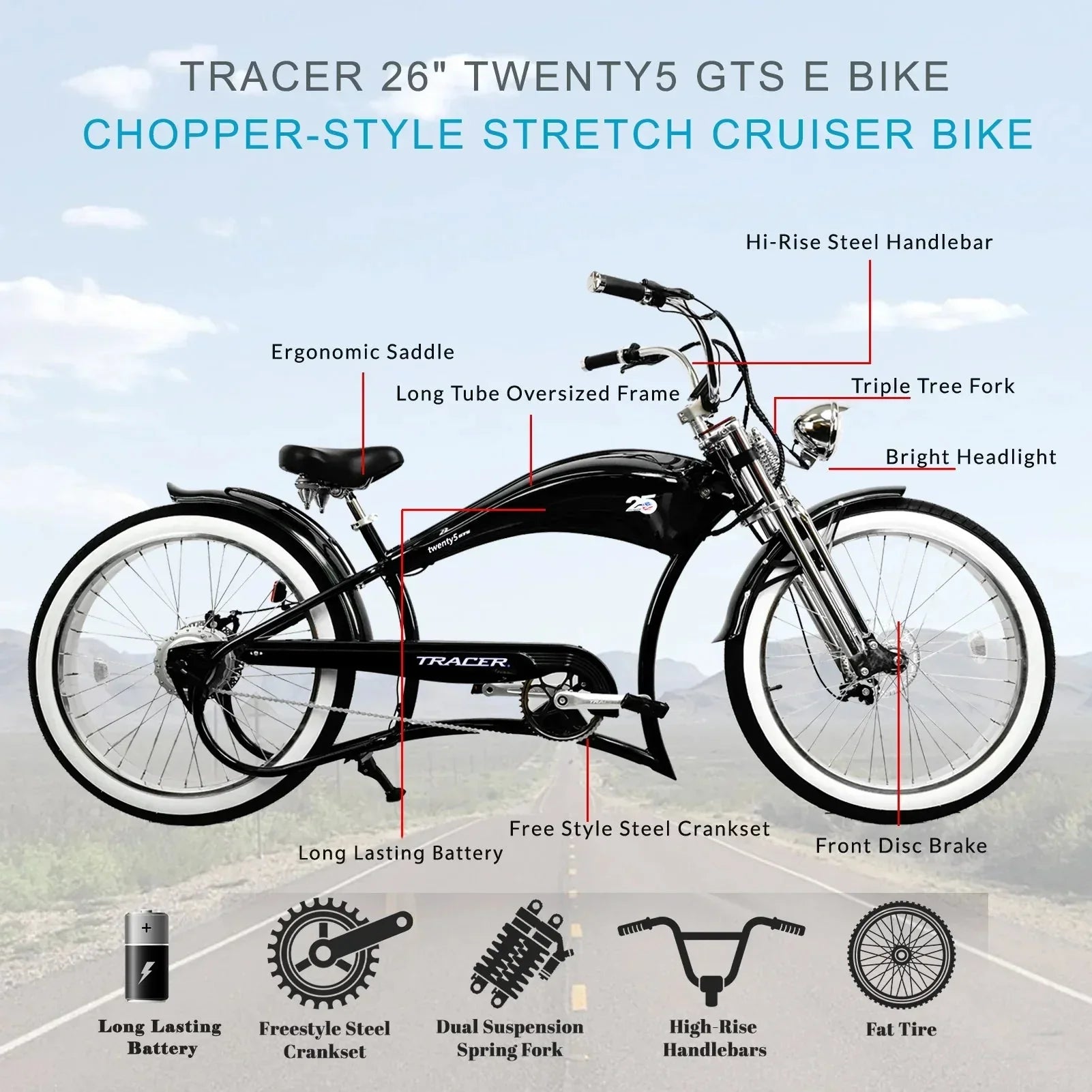 Micargi Tracer 26 inch twenty5 GTS chopper e-bike technical diagram with feature labels