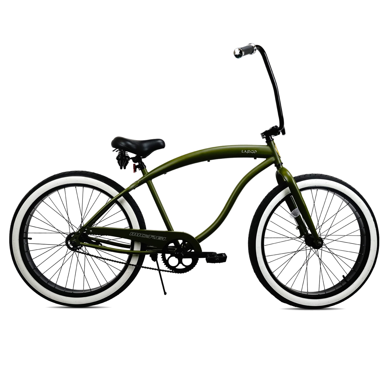 Full profile of olive green Micargi Largo single-speed bike with chain guard and kickstand