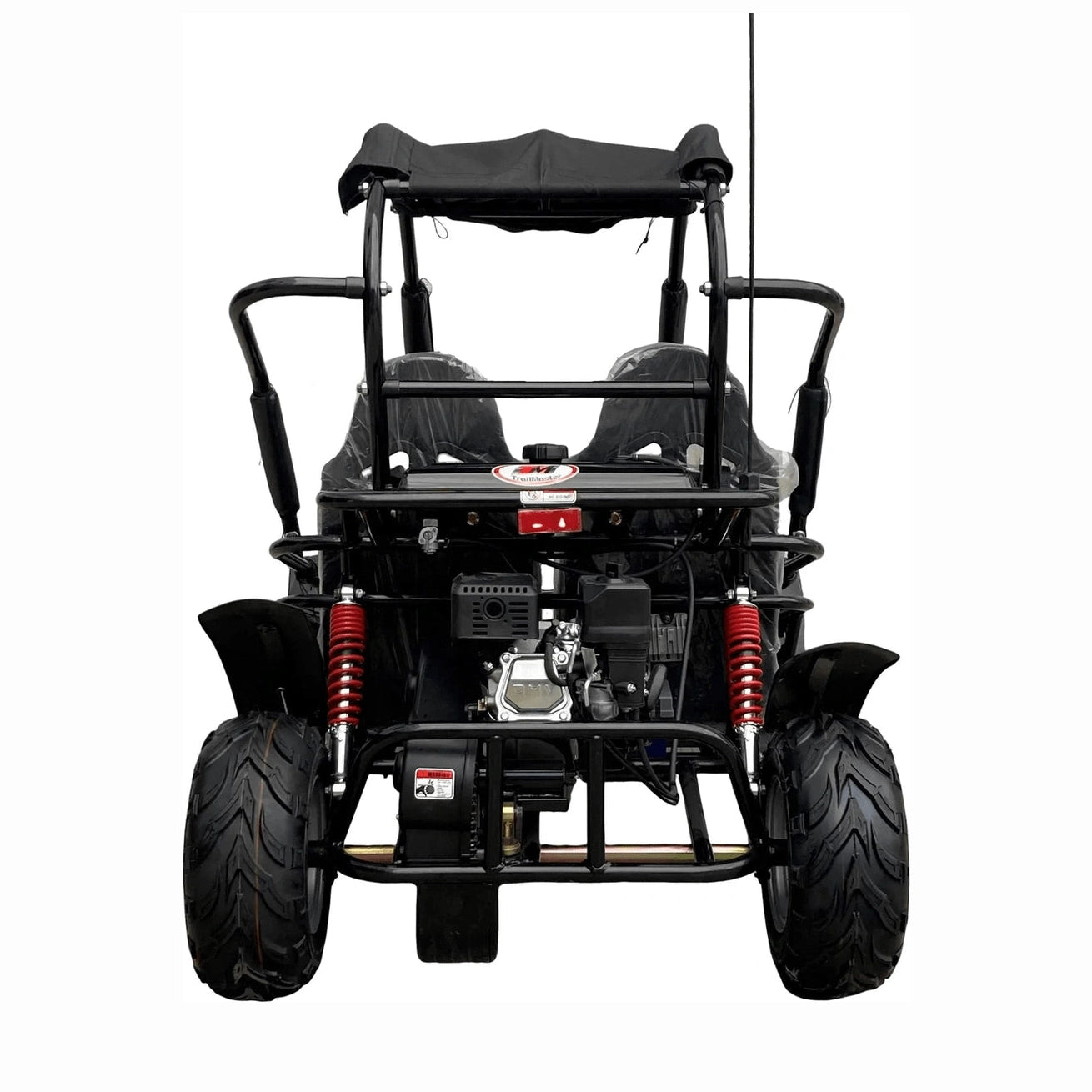 Rear view of black TrailMaster MID XRX go kart with red shocks
