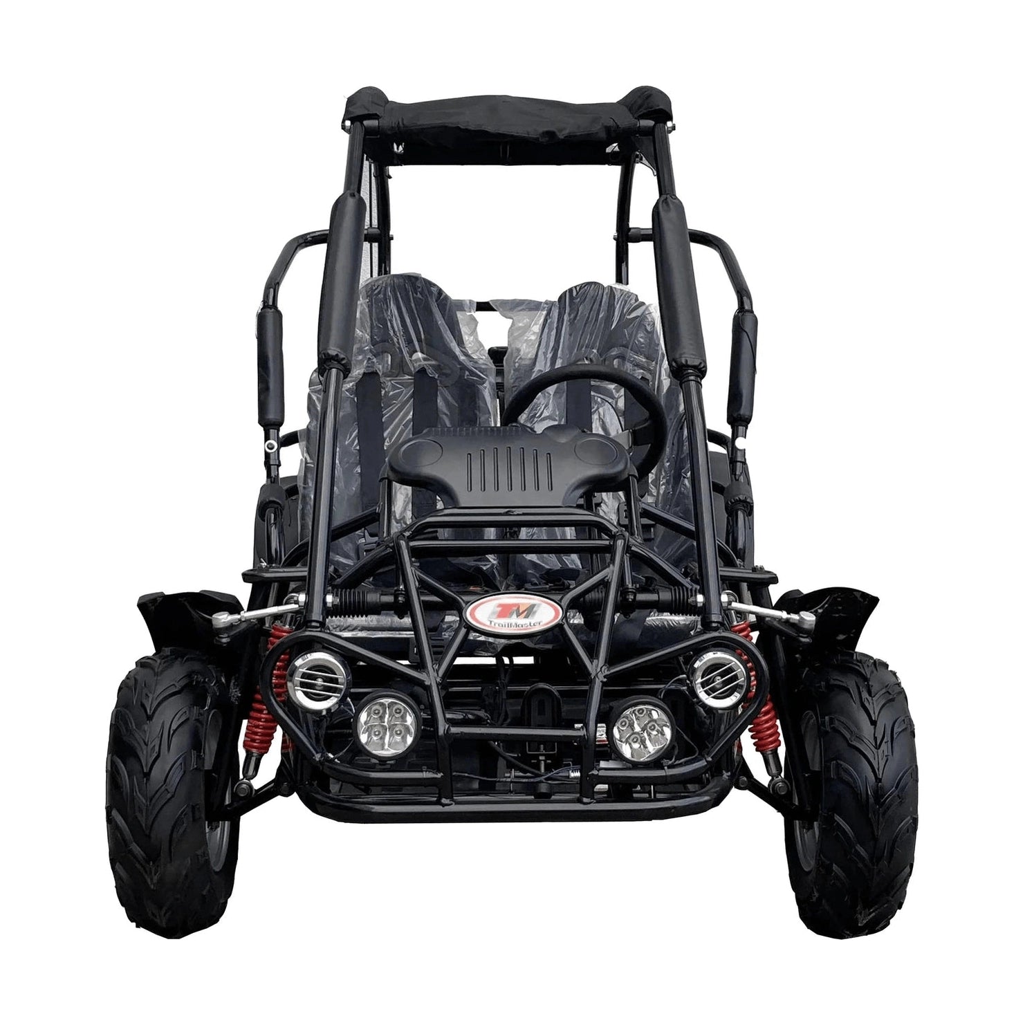 Front view of black TrailMaster MID XRX go kart with four LEDs