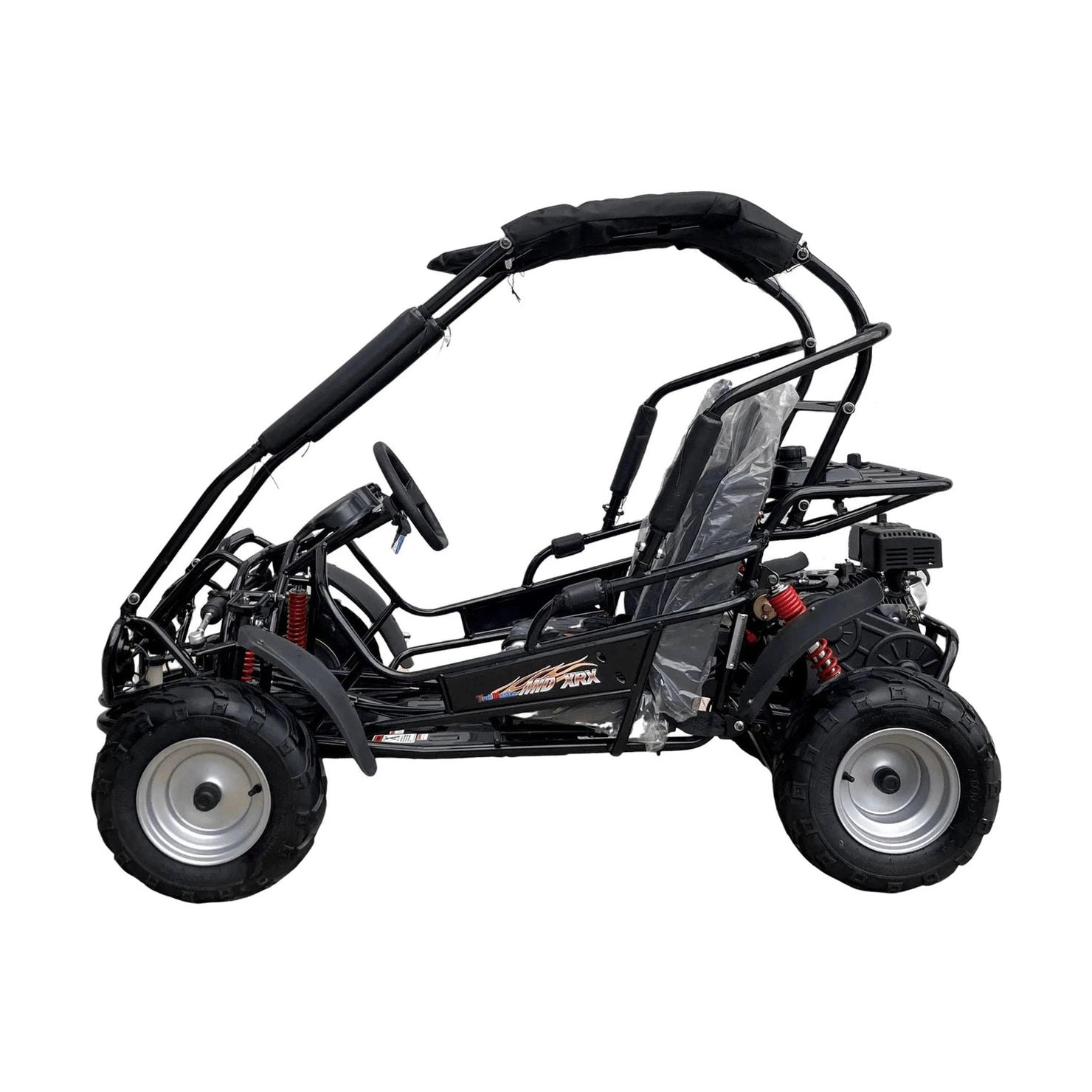 Side profile of black TrailMaster MID XRX go kart with decals