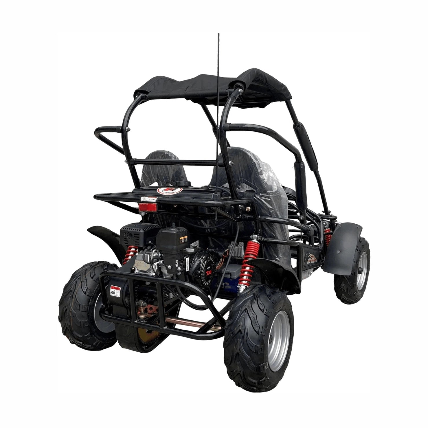 Rear three-quarter view of black TrailMaster MID XRX go kart