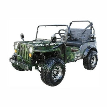 Camouflage green 125cc WWII Army Jeep style ATV with U.S. Army decals and black roll bars