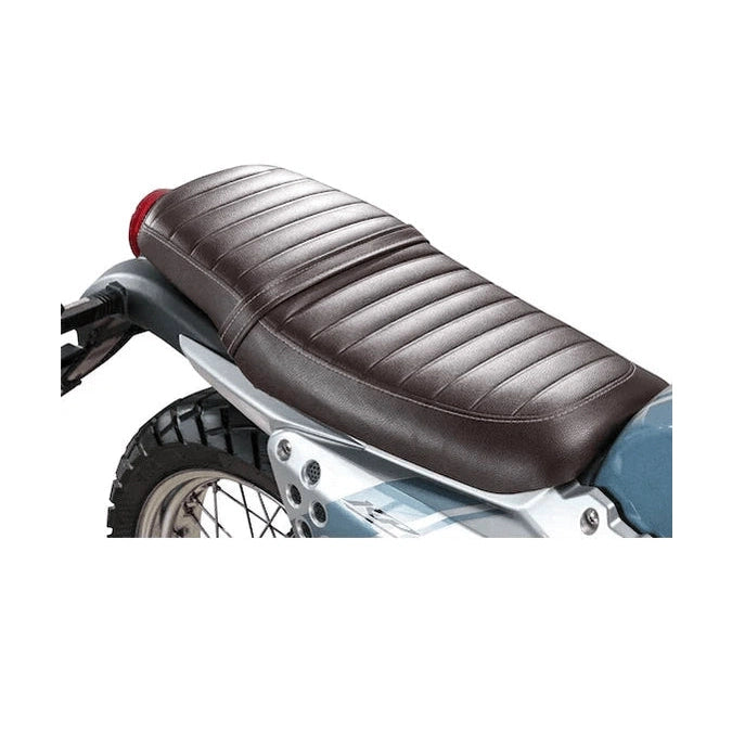 Brown ribbed seat and red tail light detail on Lifan KPM200 cafe racer