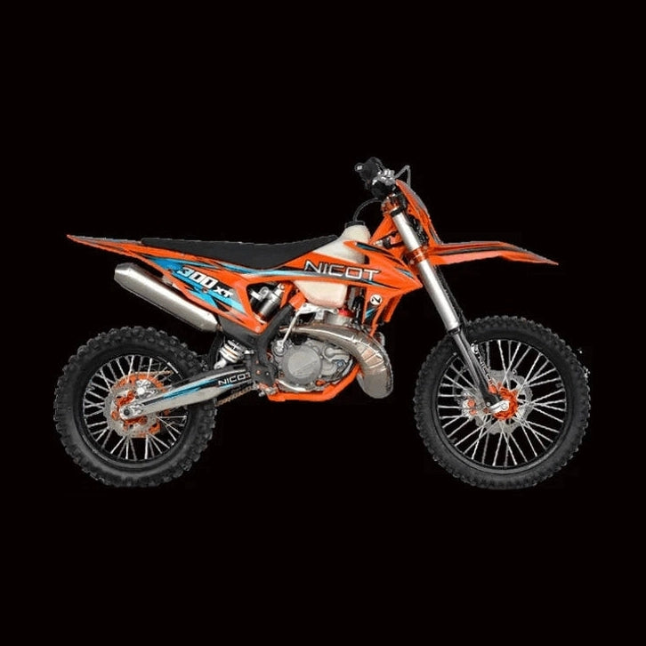 Orange and black NK 300T EFI dirt bike side profile with knobby tires