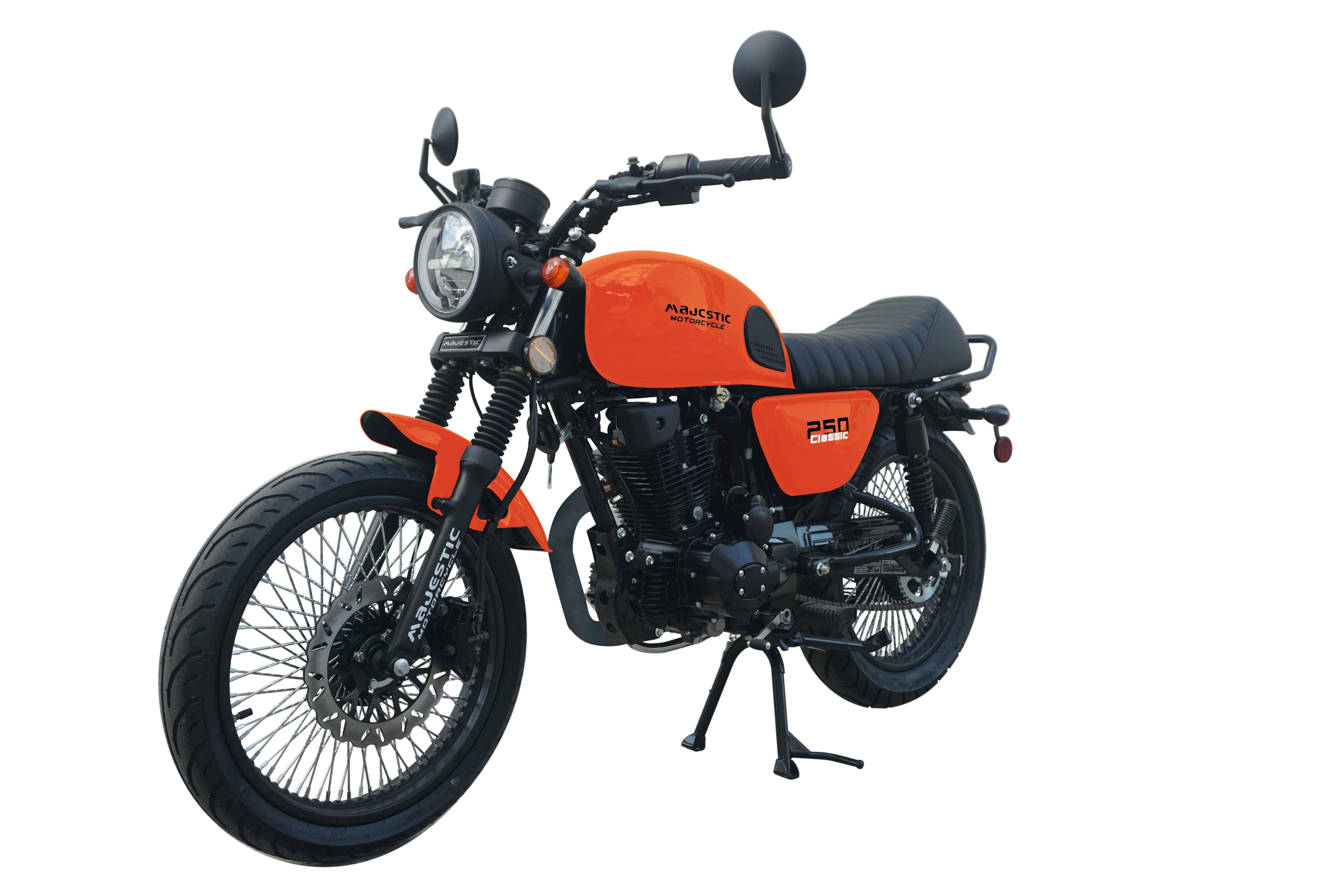 Orange Majestic 250 Classic motorcycle with black accents and disc brakes