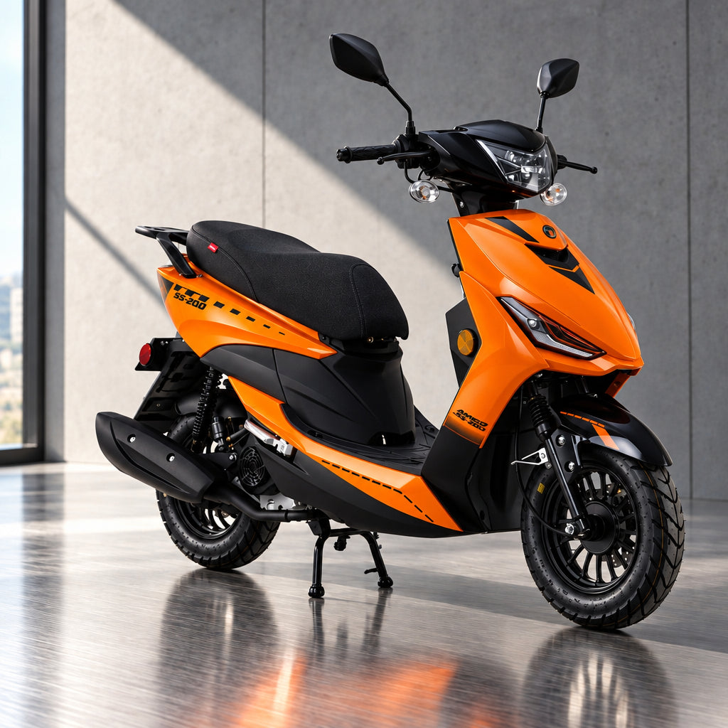 Orange Amigo SS-200 scooter side profile with auxiliary lights