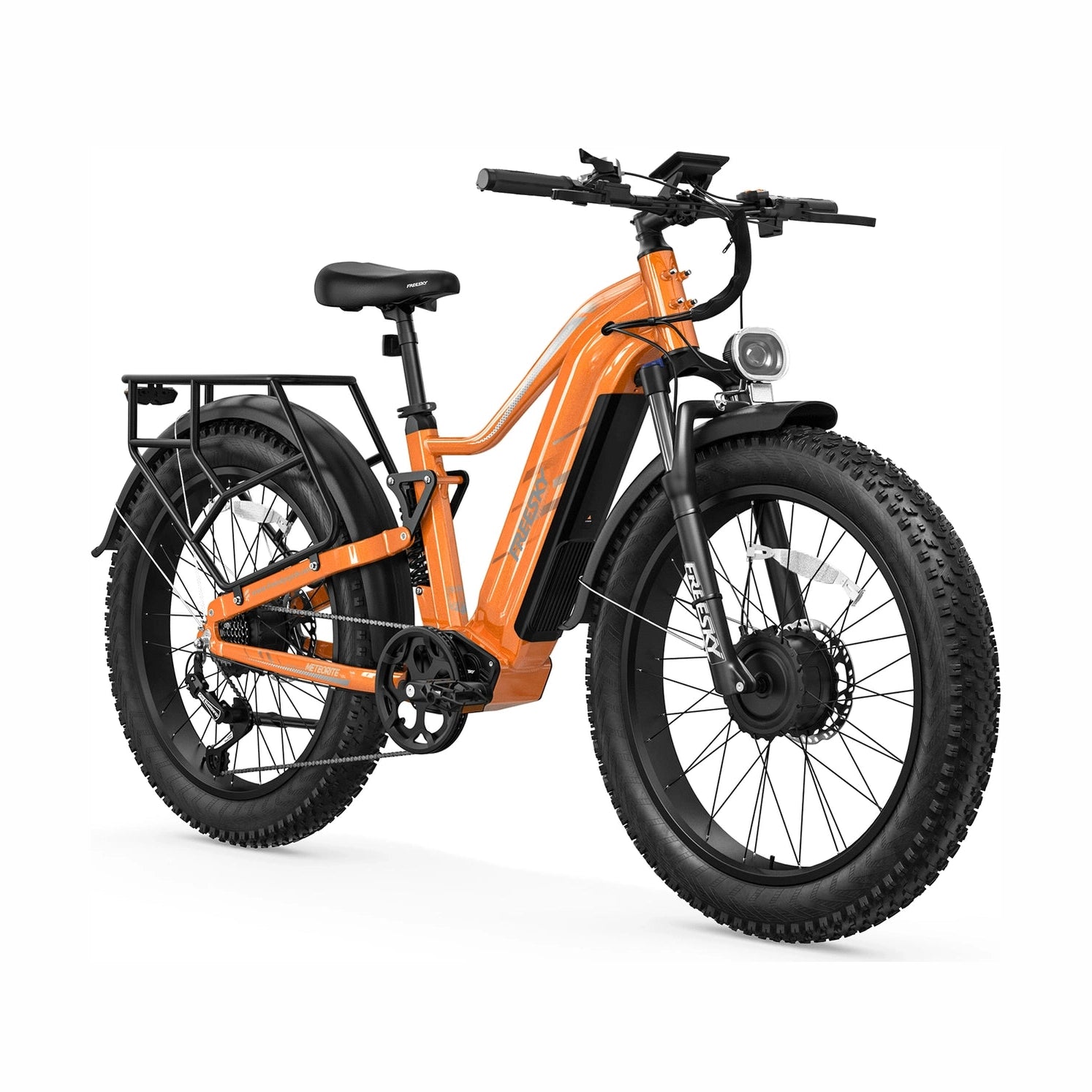 Orange Freesky Eurostar Turbo M-410 fat tire e-bike with silver graphics, rear rack, and off-road tires