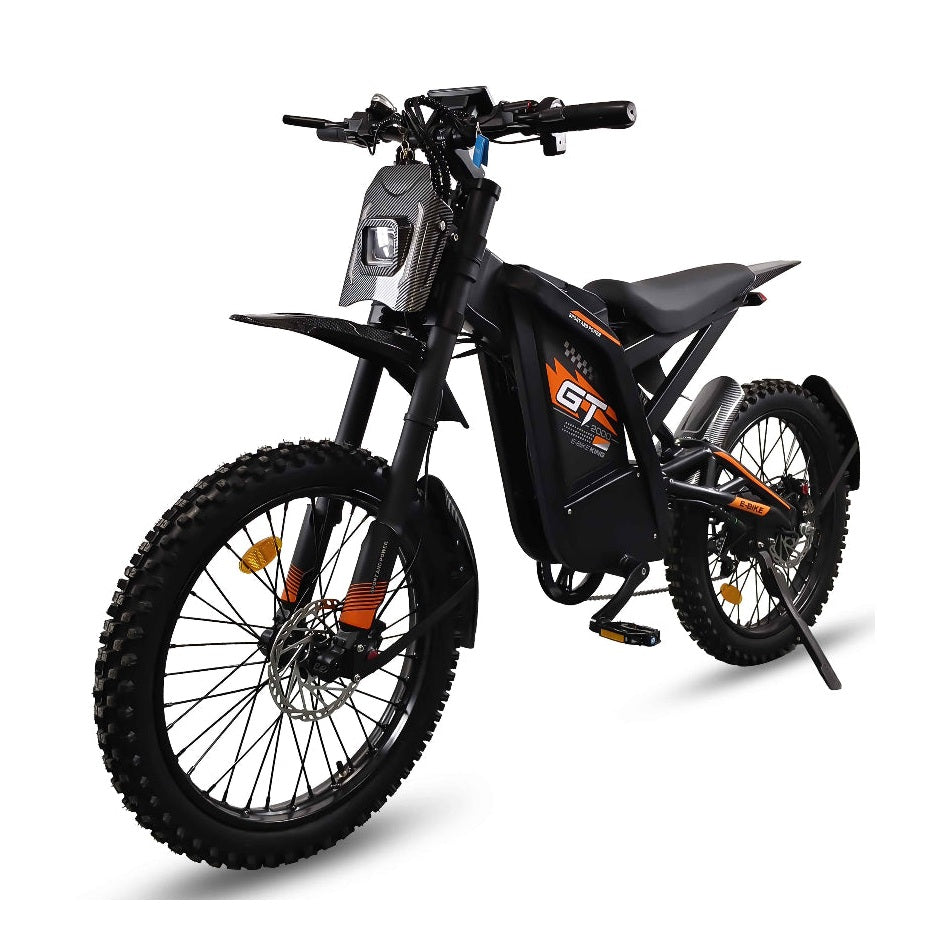 Front view of black electric dirt bike with carbon-fiber headlight cover