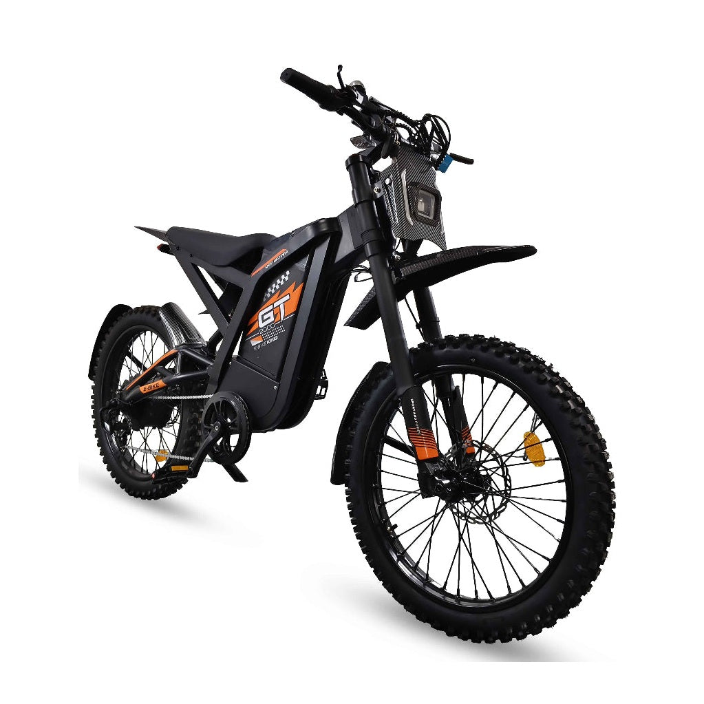 Black GT2000 electric dirt bike with orange accents and knobby tires