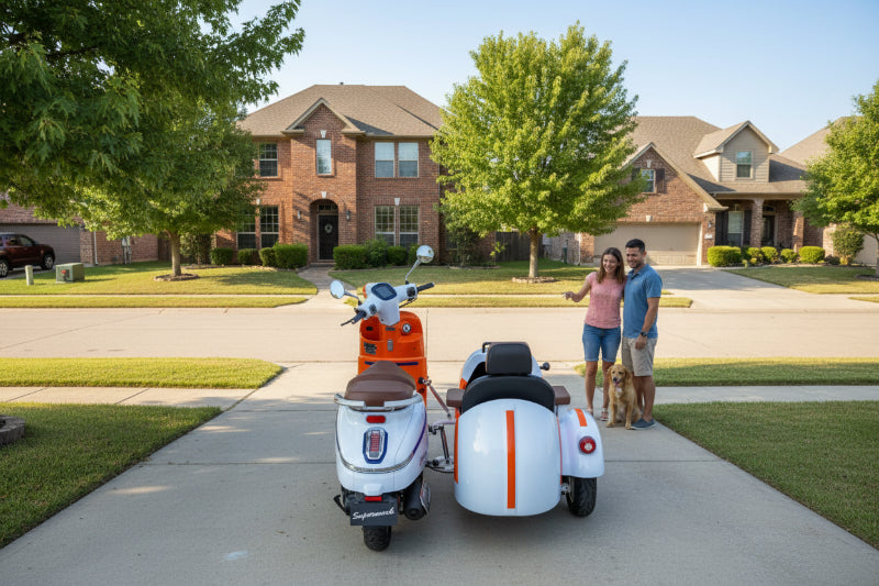 Orange and white Supermach MP200-M3 Retro scooter sidecar parked in a residential driveway