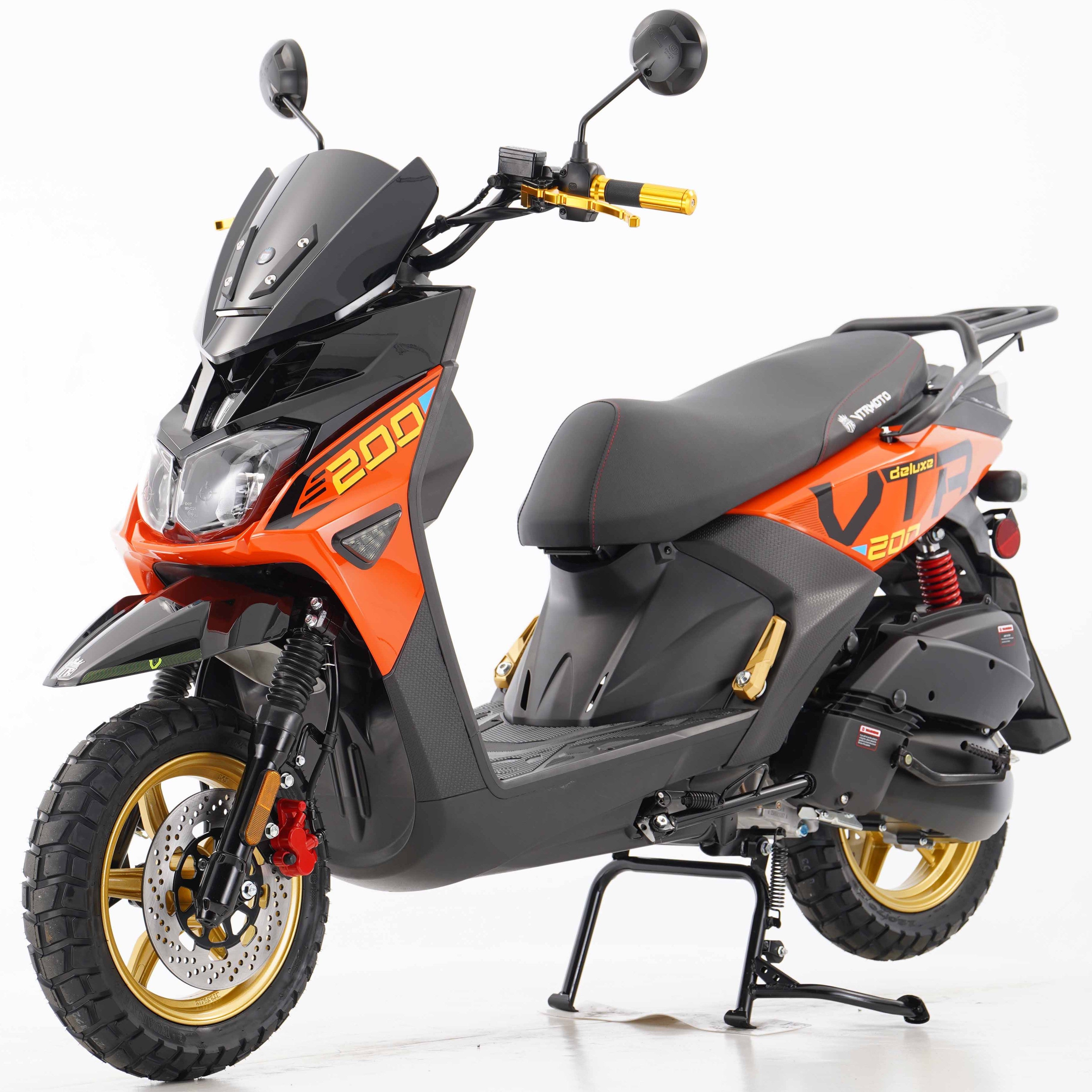 Orange E200 VTR scooter with disc brake, red suspension, and gold handlebars
