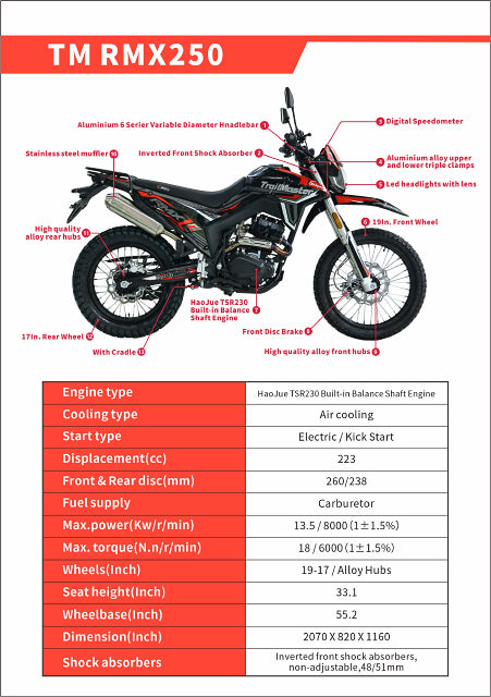 TM RMX250 technical diagram highlighting balance shaft engine and inverted shocks
