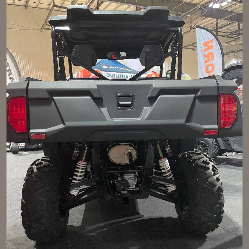 Rear view matte black Bighorn Explorer 550 UTV cargo bed and suspension