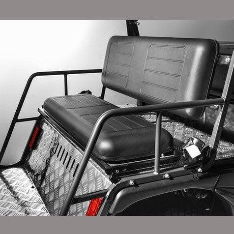 Rear interior of black Vitacci Rover golf cart with safety rail and diamond plate cargo floor