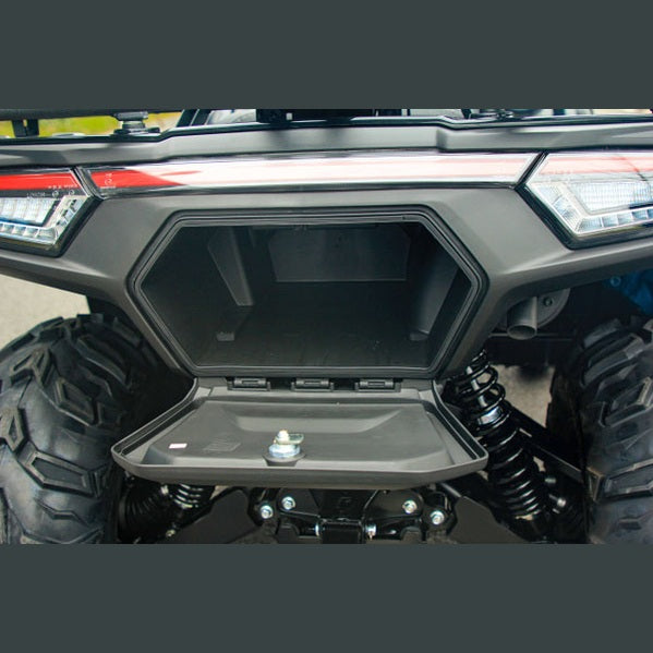 Open hexagonal front storage compartment on grey Loncin XWolf 550L ATV with LED light bar