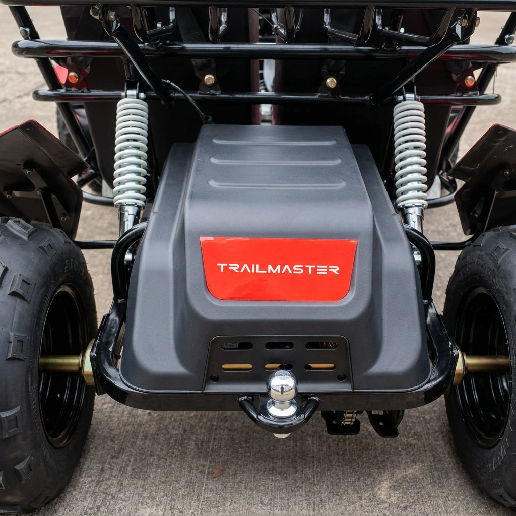Rear view of TrailMaster Blazer i2K go kart showing battery housing and coil spring suspension