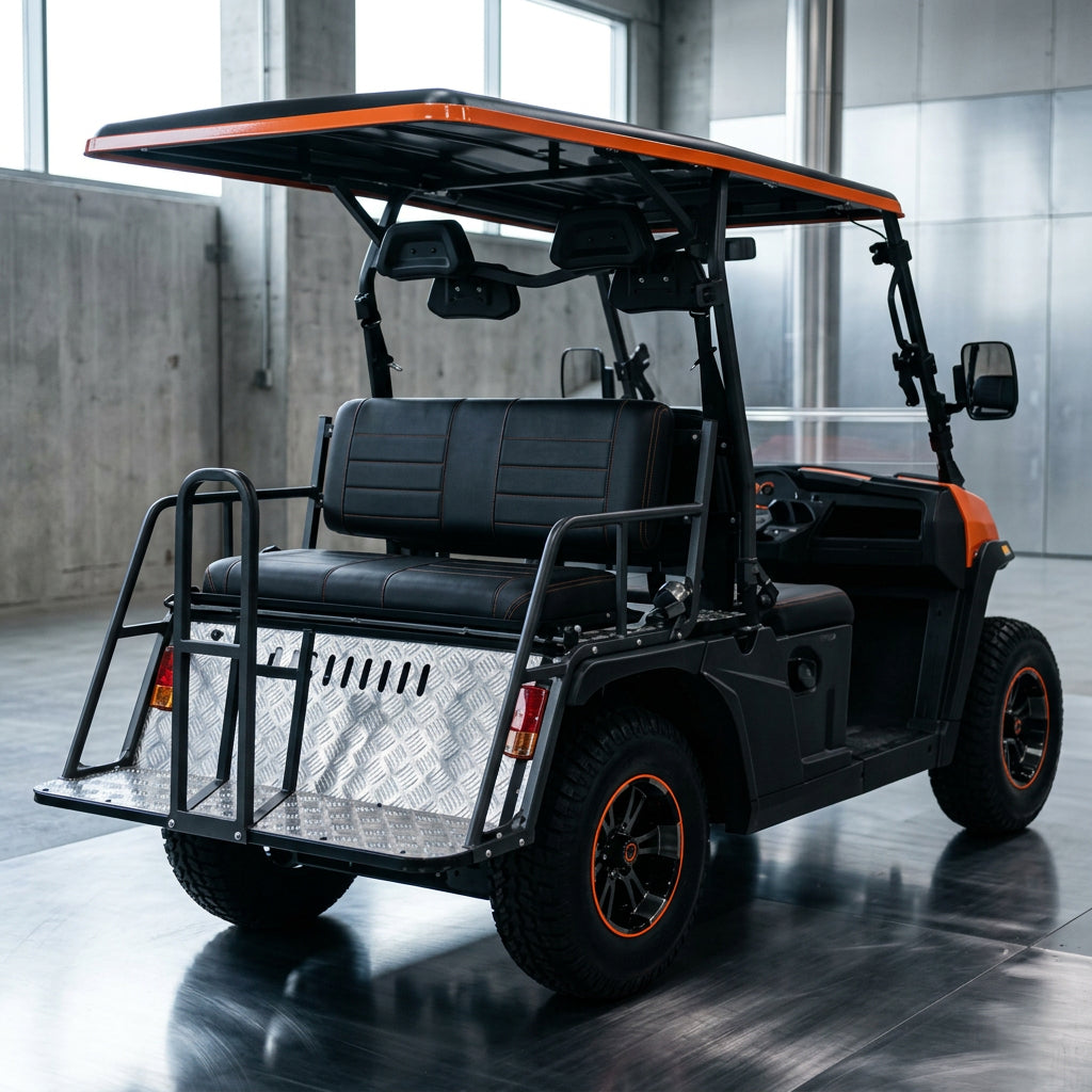 Rear view of black Vitacci Rover golf cart with orange fender accent and step rail