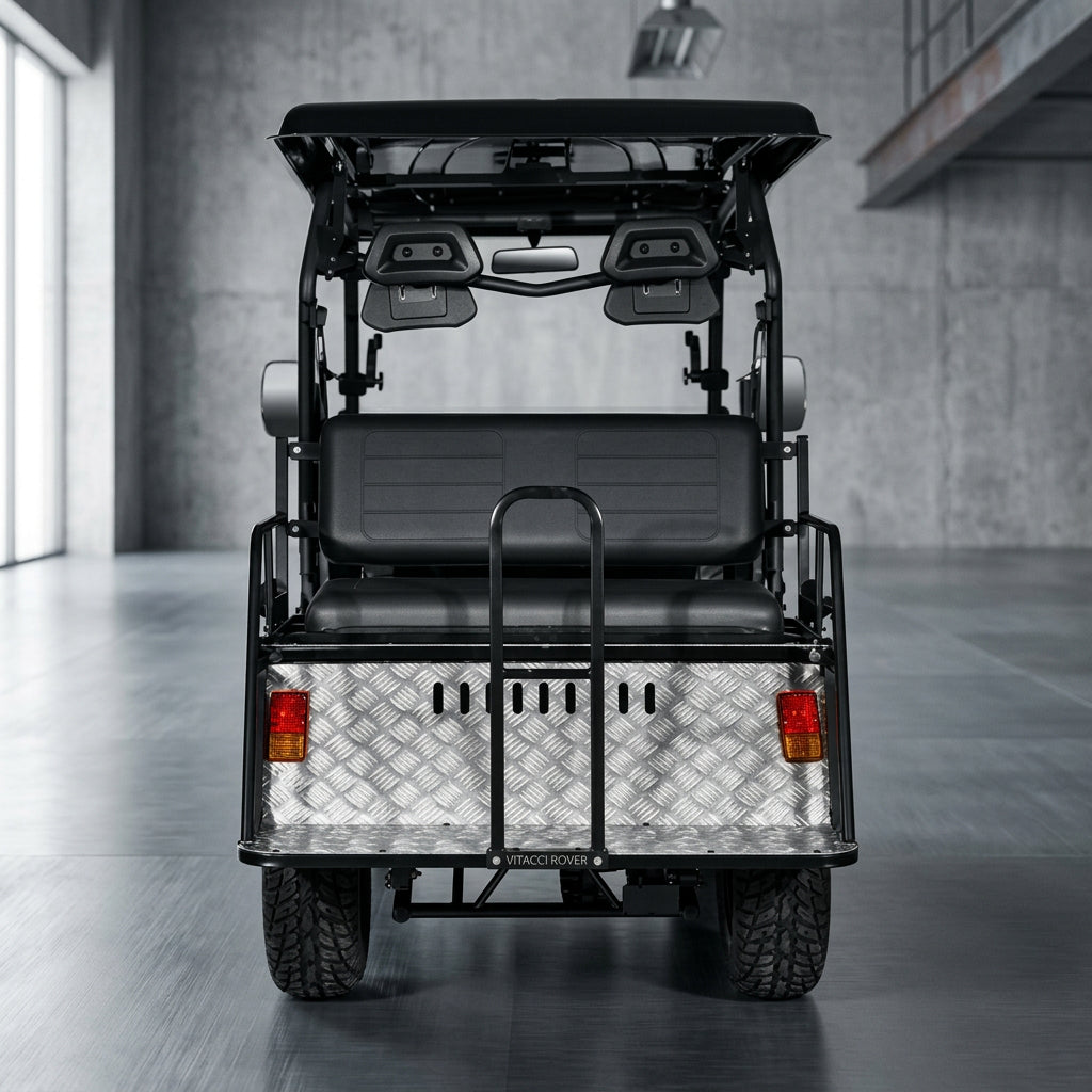 Rear view of black Vitacci Rover golf cart with diamond plate bumper and taillights