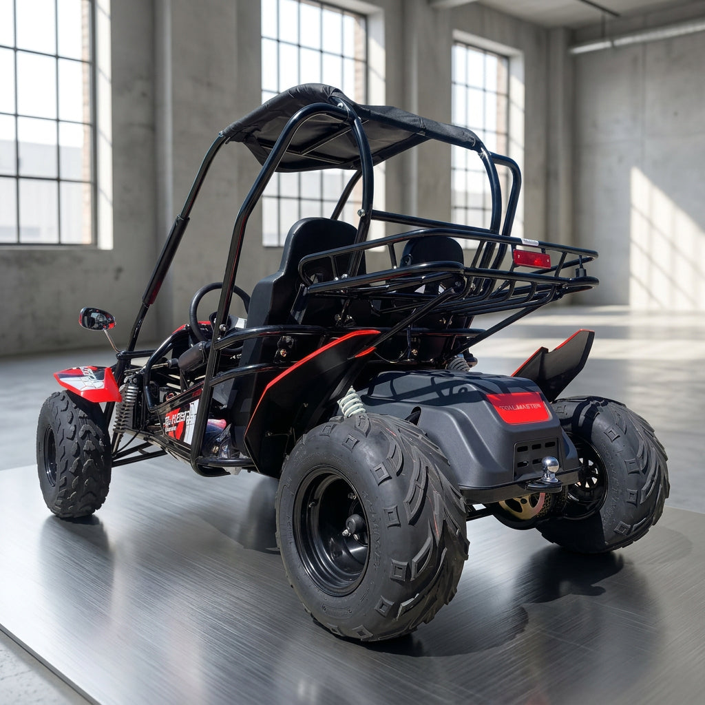 Rear view of black TrailMaster Blazer i2K go kart with cargo rack and red accents