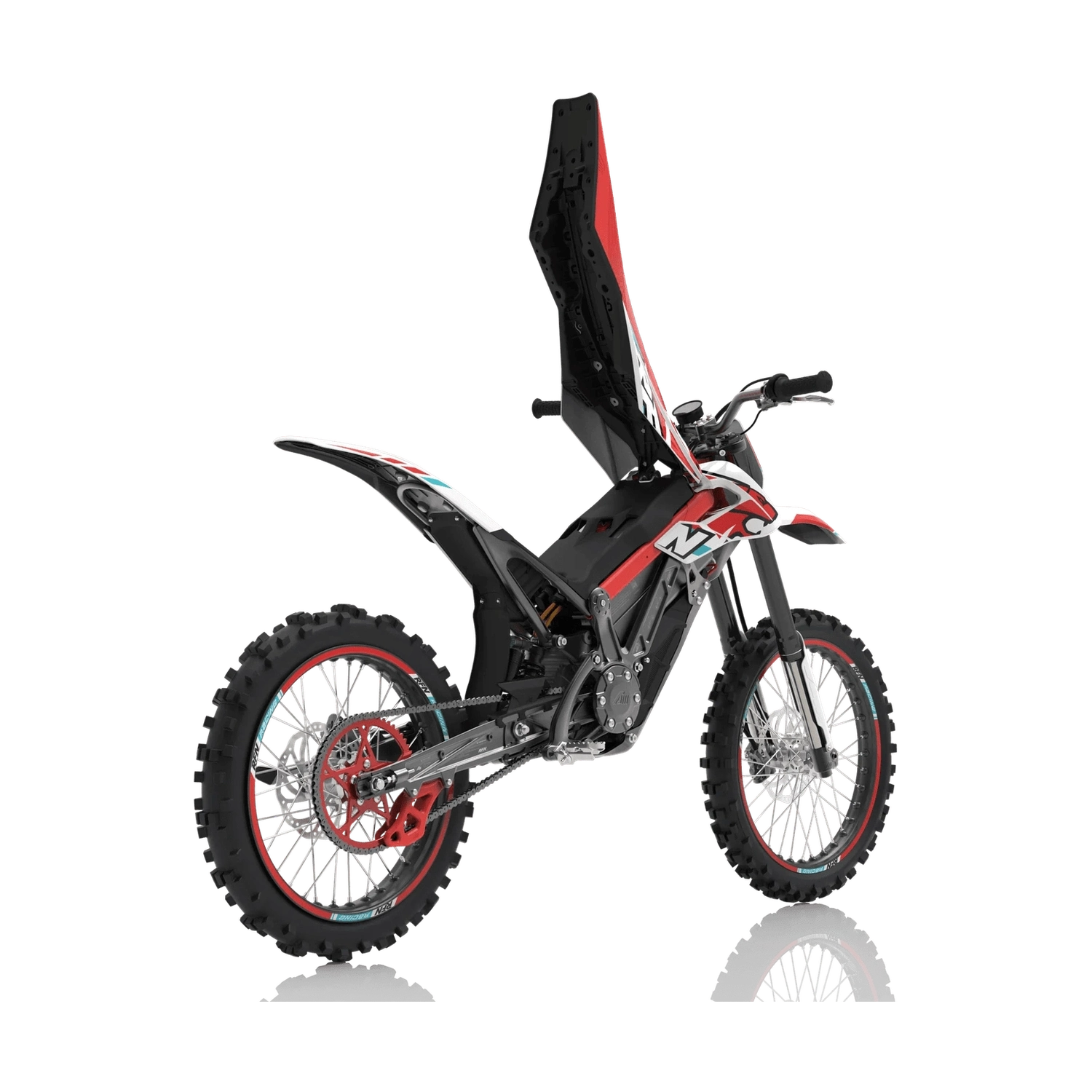 Red Apollo ARES RALLY Pro DLX electric dirt bike with open battery compartment and knobby tires