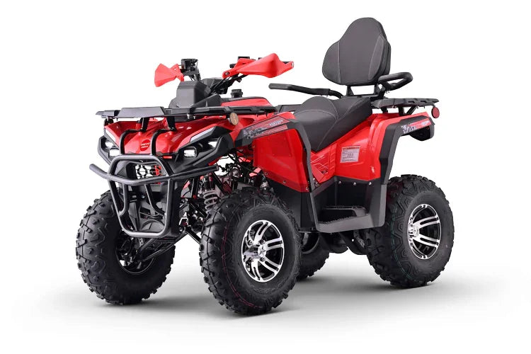 Red 4-wheeler ATV with black seat, front bumper, and knobby tires for off-road use