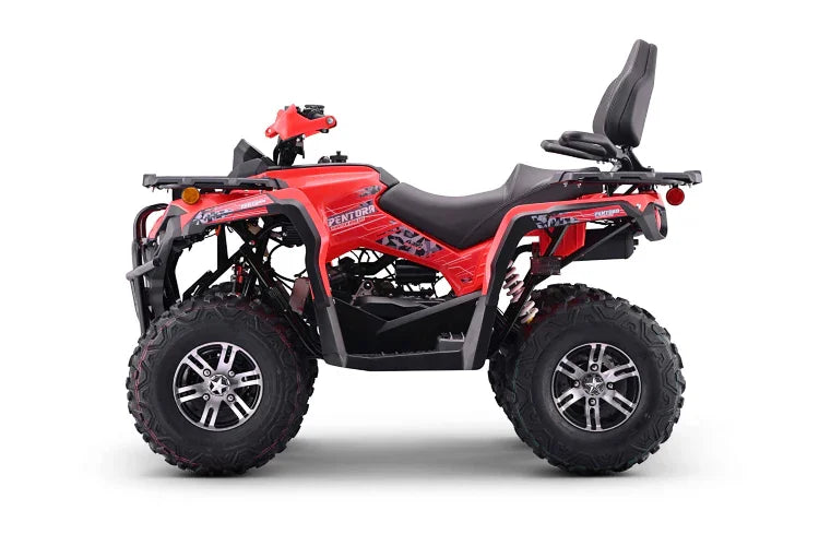 Red Pentora 125cc ATV with black seat, rugged tires, and rear cargo rack for off-road adventures.