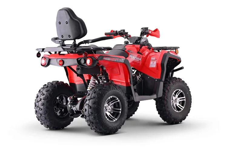 Red 4WD ATV with rear cargo rack and off-road tires for trail riding