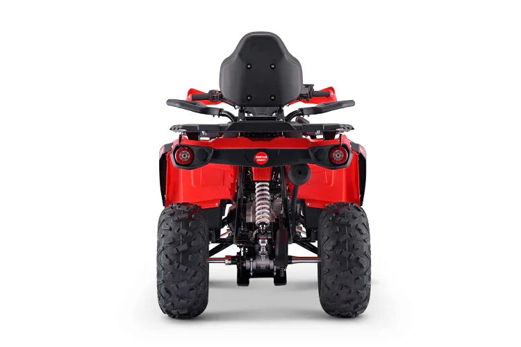 Red kids ATV with black seat and rugged tires, rear view
