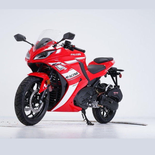 Red and white Vitacci Falcon 200cc motorcycle side profile with racing stripes