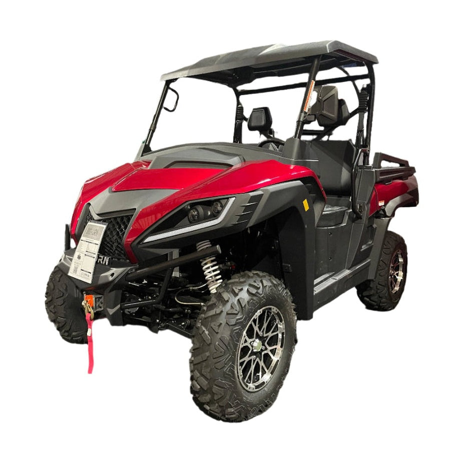 Red and gray Bighorn Explorer 550 UTV three-quarter front view with winch