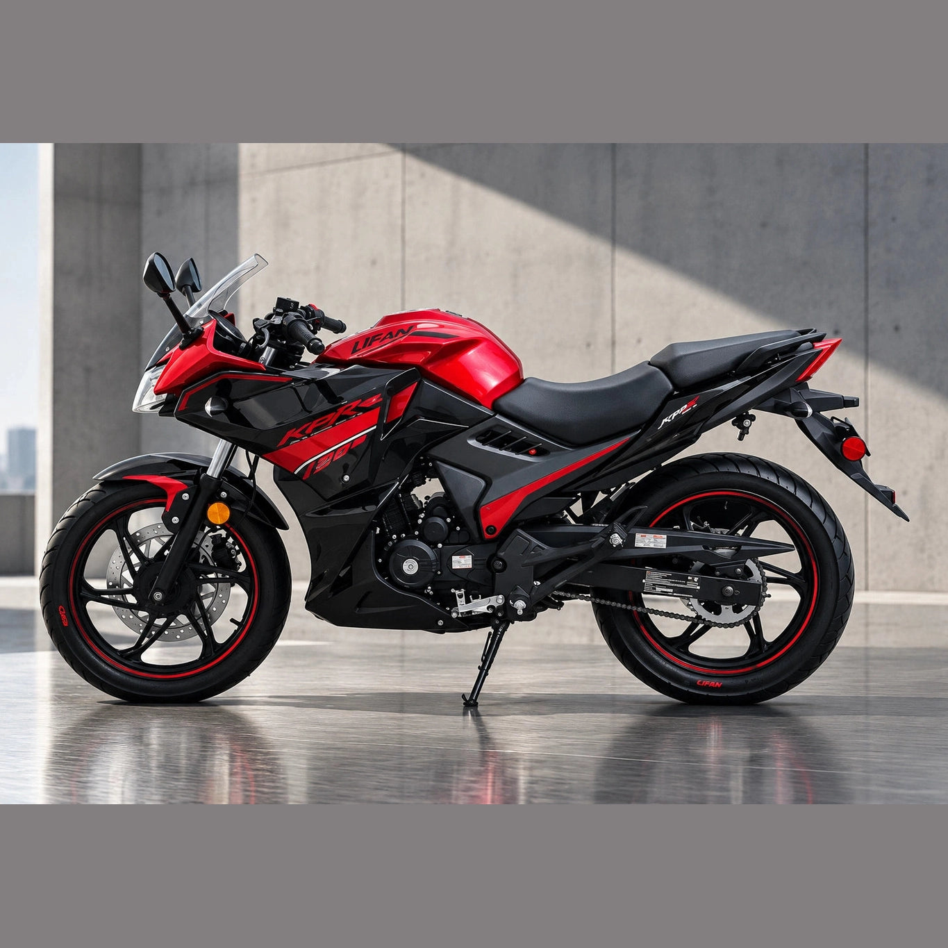 Red and black Lifan KPR 200cc motorcycle with engine detail