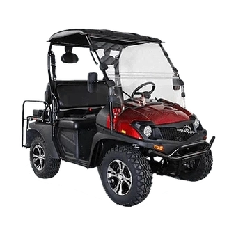 Red Linhai Big Horn 200 GVXL utility golf cart with black roof and off-road tires