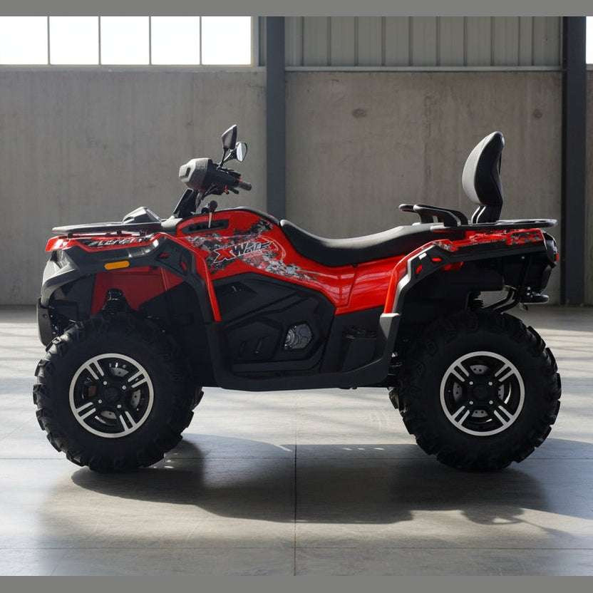 Front view of red Loncin XWolf 550L ATV featuring honeycomb grille, LED headlights, and winch hook